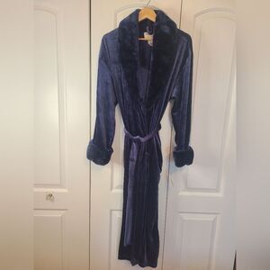 Amanda Stewart Cozy Robe Plush Stretch Velvet Faux Fur Trim Navy Size S